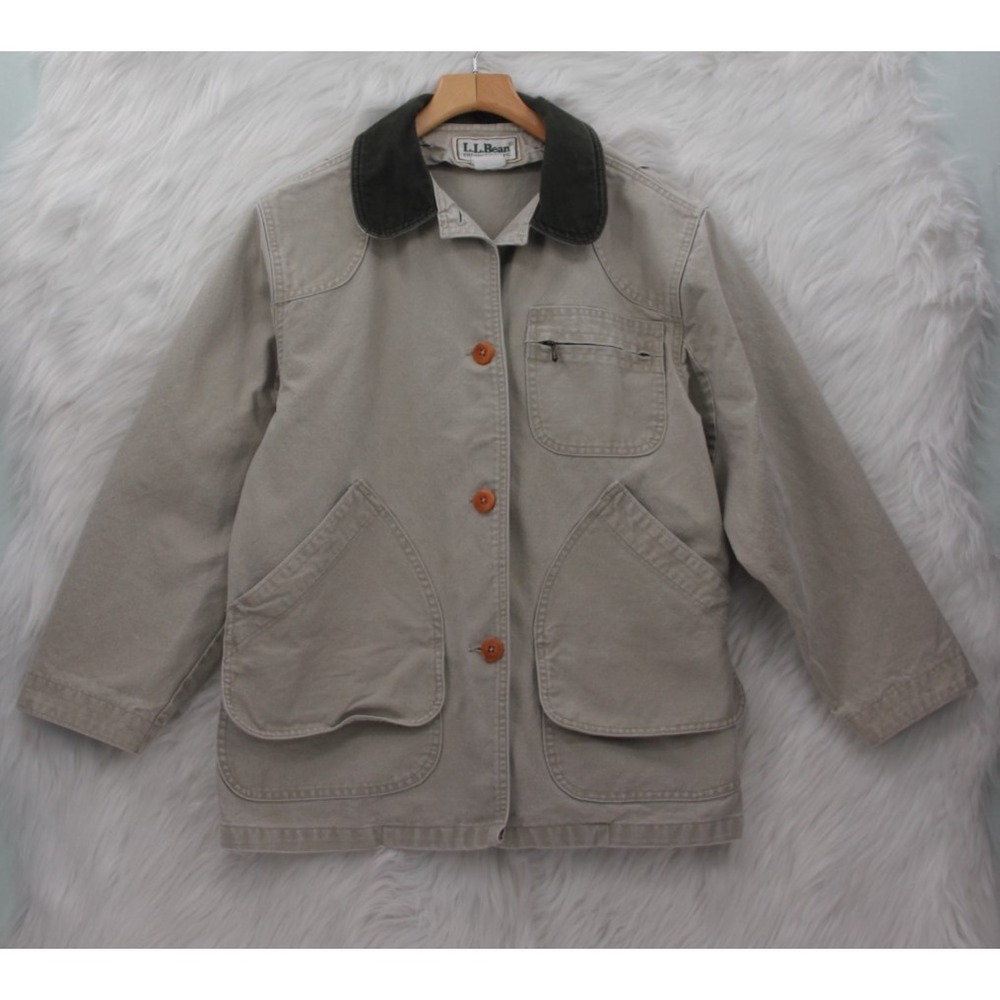 Vintage LL Bean Barn Coat Field Jacket Duck Canvas Chore Corduroy Womens M Beige